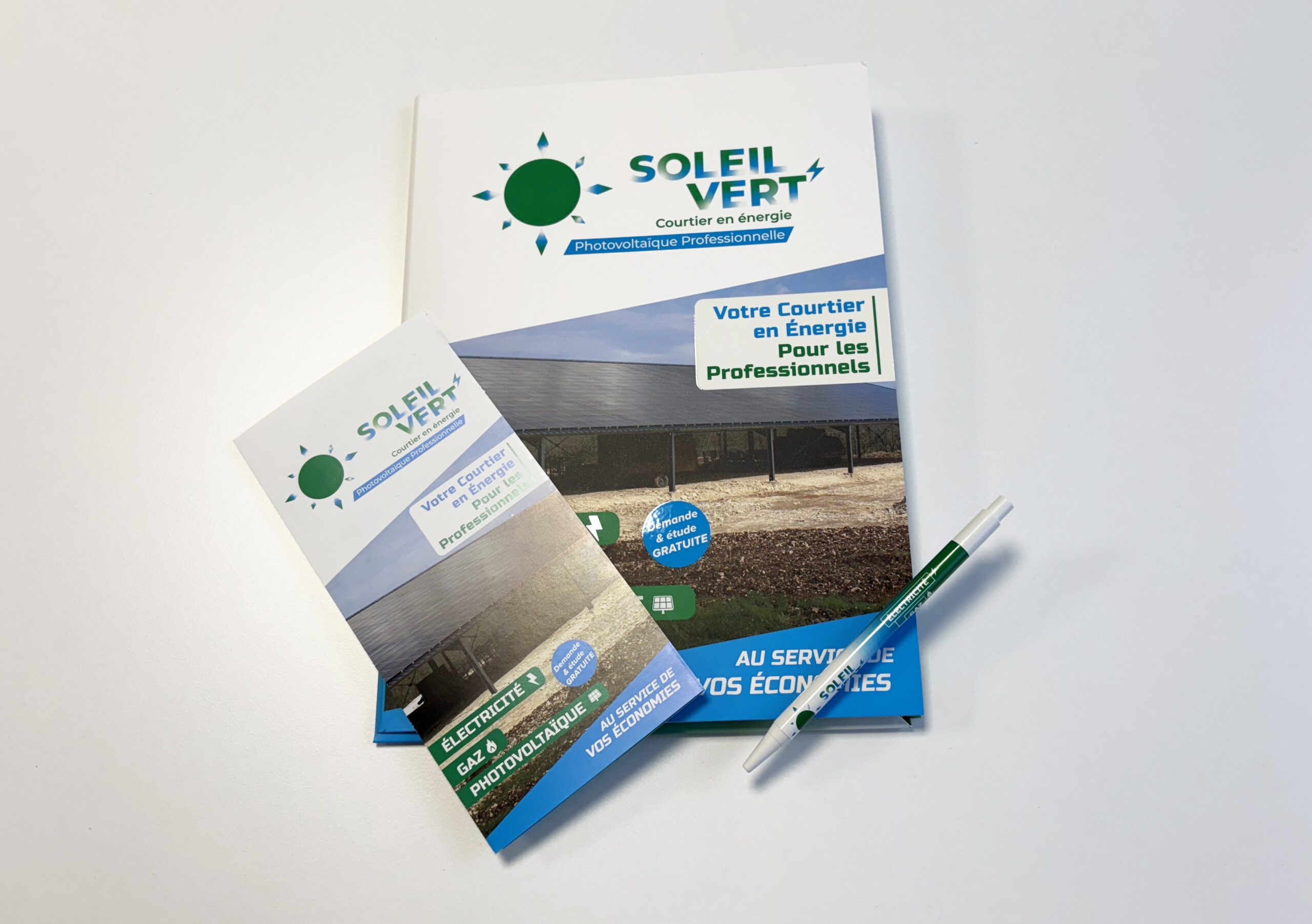 Soleil Vert supports imprimés - chemises à rabats, dépliant et stylo